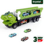 Krystal Dinosaur Truck Toy with Mini Alloy Cars Krystal green dinosaur transport truck with ejection launch track and three colorful mini alloy racing cars
