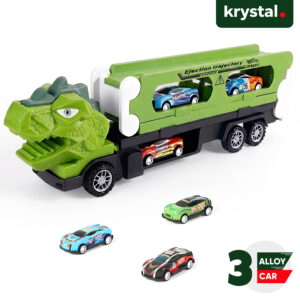 Krystal green dinosaur transport truck with ejection launch track and three colorful mini alloy racing cars