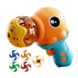 Blue and orange octopus bubble gun toy featuring spinning light-up swirl effect and colorful bubble wands