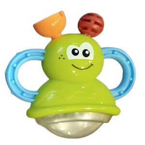 Green alien baby rattle toy with blue ergonomic handles for newborn sensory development by Krystal Curated