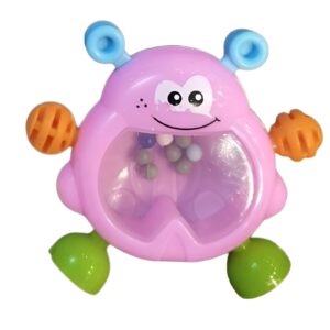 Purple monster baby rattle toy with sensory beads and textured teethers for newborn development, BPA-free