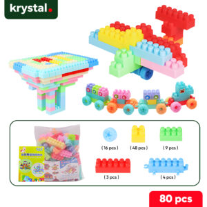Krystal 80 piece BPA-free soft rubber building blocks for toddlers, educational sensory toy set with colorful models