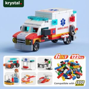 Krystal 122-piece ambulance building block set, 6-in-1 Lego-compatible city emergency vehicle and medical station toy.