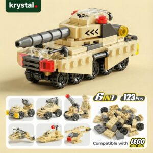 Krystal 6-in-1 military tank building blocks set, LEGO compatible construction toy with 123 mini bricks