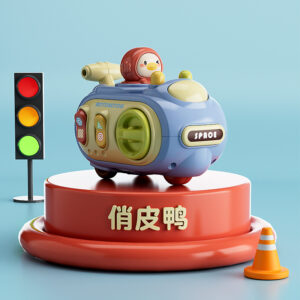 Interactive push and go space duck toy car with sensory buttons for toddler motor skill development