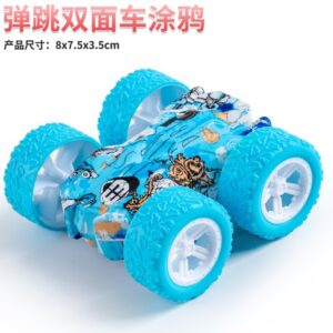 Double-sided blue graffiti stunt car toy with off-road tires and friction-powered flipping action