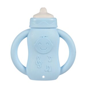 Blue feeding bottle shaped baby rattle and teether toy with easy-grip handles for infant sensory play