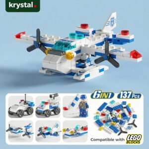 Krystal 6-in-1 LEGO compatible police building block set with 137 pieces showing seaplane and vehicles