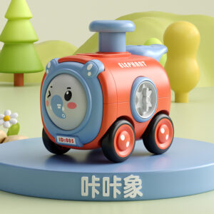 Orange and blue Krystal elephant press and go baby toy train with interactive buttons