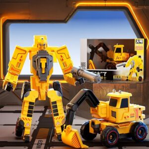 Amorphosis yellow excavator transforming robot toy, 2-in-1 construction vehicle mecha for STEM learning