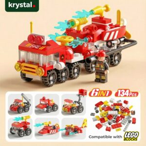 Krystal 6-in-1 fire truck building block set with 134 pieces, Lego-compatible mini brick vehicle toy for kids