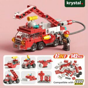 Krystal 6-in-1 Fire Dept building blocks set, 142 pieces, Lego-compatible fire truck and rescue toys for kids