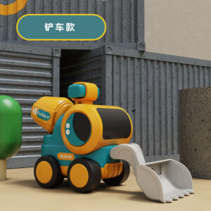 Yellow and teal press go toy construction vehicle with front loader bucket and road roller for toddlers