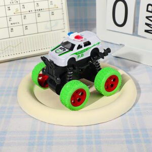 White police monster truck friction toy car with oversized green wheels and high suspension springs