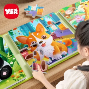 Child assembling a YSR magnetic animal puzzle featuring a cute corgi dog for educational play.