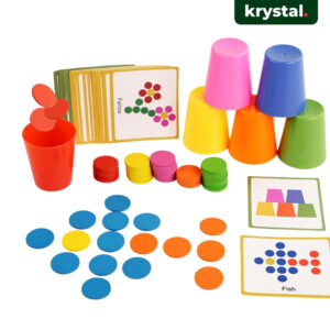 Krystal Montessori color sorting and stacking toy set with colorful cups, wooden discs, and pattern cards for kids