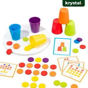 Krystal Montessori color sorting and stacking toy with cups, wooden discs, and pattern cards for kids