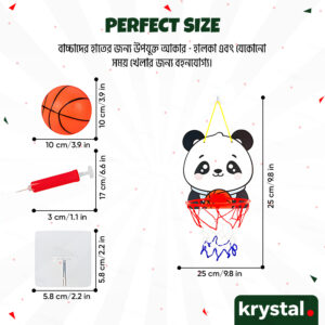 Panda cartoon mini basketball hoop set for kids with inflatable ball, hand pump, and wall hook dimensions.