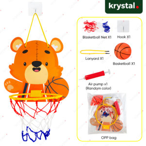 Tiger cartoon indoor mini basketball hoop set for kids with inflatable ball, pump, and wall-mount hook