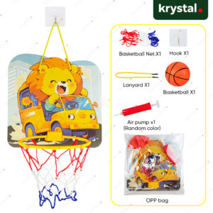 Kids cartoon lion basketball hoop set with wall-mounted backboard, ball, and pump for indoor play