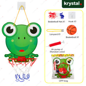 Green frog cartoon indoor basketball hoop set for kids with mini ball, air pump, and wall-mounting hook accessories