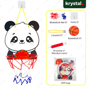 Krystal Panda cartoon basketball hoop set for kids with mini ball, pump, and wall-hanging hook for indoor play