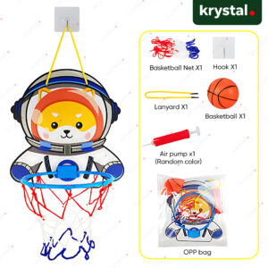 Krystal Space Shiba Inu indoor kids basketball hoop set with mini ball, pump, and hanging hook