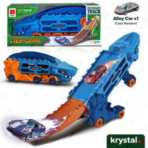 Mini Ultimate Hauler Dinosaur Transforming Truck with shark design, racing track ramp, and alloy cars