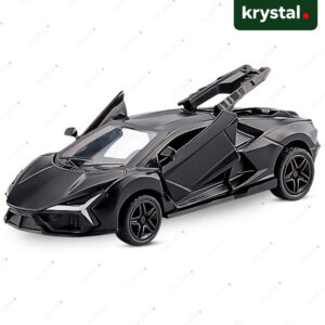 1:43 black Lamborghini Revuelto diecast alloy toy car with openable scissor doors and pull-back motion