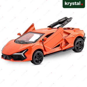 Orange Lamborghini Revuelto 1:43 diecast model car with openable scissor doors and pull-back motion for kids