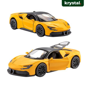 Yellow Ferrari SF90 Stradale 1:43 scale diecast alloy car with openable doors and pull-back action