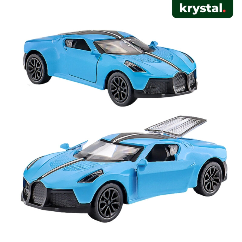 Krystal 1:43 Bugatti diecast alloy sports car toy in blue with openable doors and pull-back action