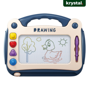 Krystal magnetic drawing board for kids with stylus pen and shape stamps, portable doodle pad for creative learning.