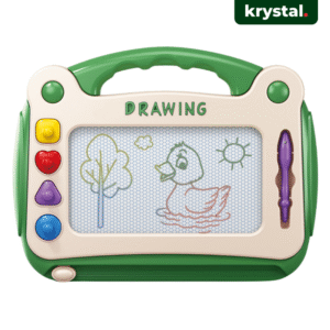 Krystal magnetic drawing board for kids with erasable screen, shape stamps, and handle for portable creative play.
