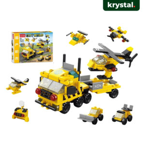 Krystal 6-in-1 yellow construction truck building block toy set with helicopter and mini vehicles