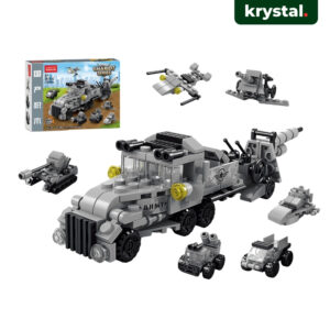 Krystal 6-in-1 military building block toy set featuring an army truck, tank, and helicopter for kids