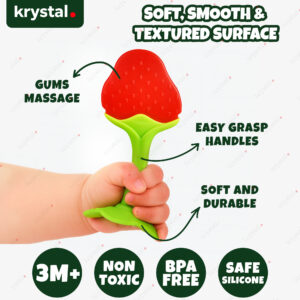 Krystal strawberry fruit shape silicone teether for baby, BPA-free gum soother with textured surface for 3M+