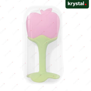 Krystal pink fruit shape silicone teether for baby gum relief in clear storage case, BPA-free soft material