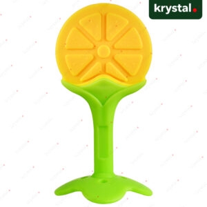 Krystal BPA-free yellow orange silicone fruit teether for baby teething relief and gum soothing