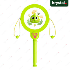 Green Little Dino pellet drum hand rattle for infants, early sensory development musical toy by Krystal