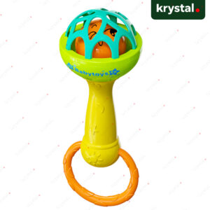 Babytoys Little Dino green cage rattle with orange smiley face ball and easy-grip yellow handle for infants
