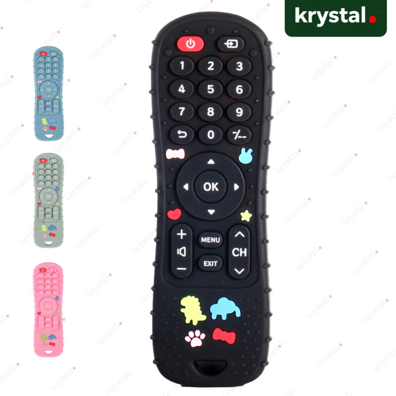 Krystal black silicone baby TV remote teether toy for sensory development and teething relief, BPA-free
