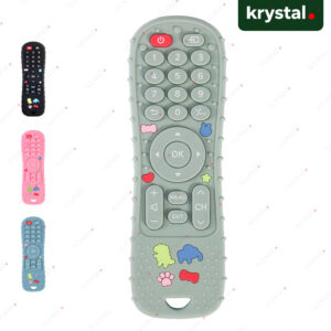 Krystal BPA-free silicone baby TV remote control teether in grey, pink, blue, and black for teething relief