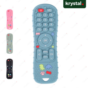 BPA-free food grade silicone baby TV remote teether for sensory play and gum relief by Krystal Curated