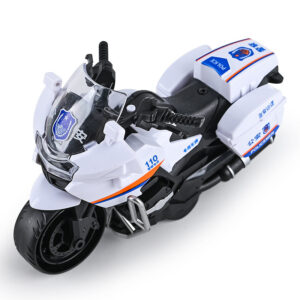 White friction powered police motorcycle toy for kids, mini moto bike with police decals
