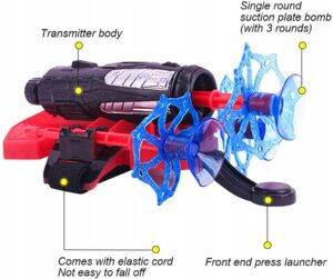 Krystal spider web launcher glove toy with transmitter body and safe blue suction plate bombs for kids superhero roleplay