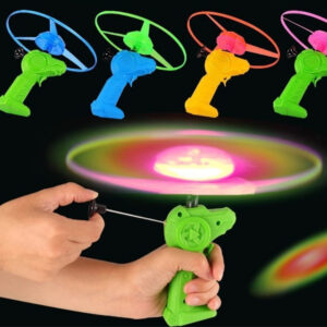 Krystal LED spinning UFO flying toy with pull string launcher and glowing light-up disk for kids outdoor play