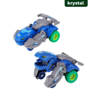 Krystal blue transforming dinosaur car toy with collision-activated transformation and inertial drive