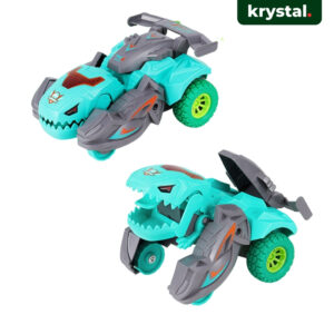 Krystal teal transforming dinosaur car toy with collision-triggered transformation and friction power