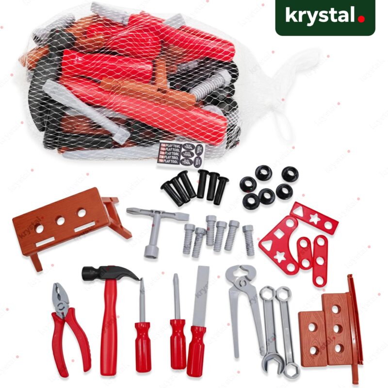 Krystal kids engineer repair tool set with toy hammer, screwdrivers, and bolts in a mesh storage bag